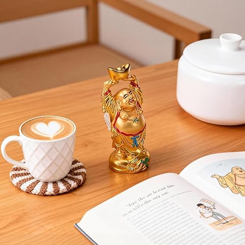 Miniatura 6 de BRABUD Resina Feng Shui Golden Laughing Buddha sosteniendo lingote estatua riqueza suerte decoración de oficina en casa regalo coleccionable 4.7 ''