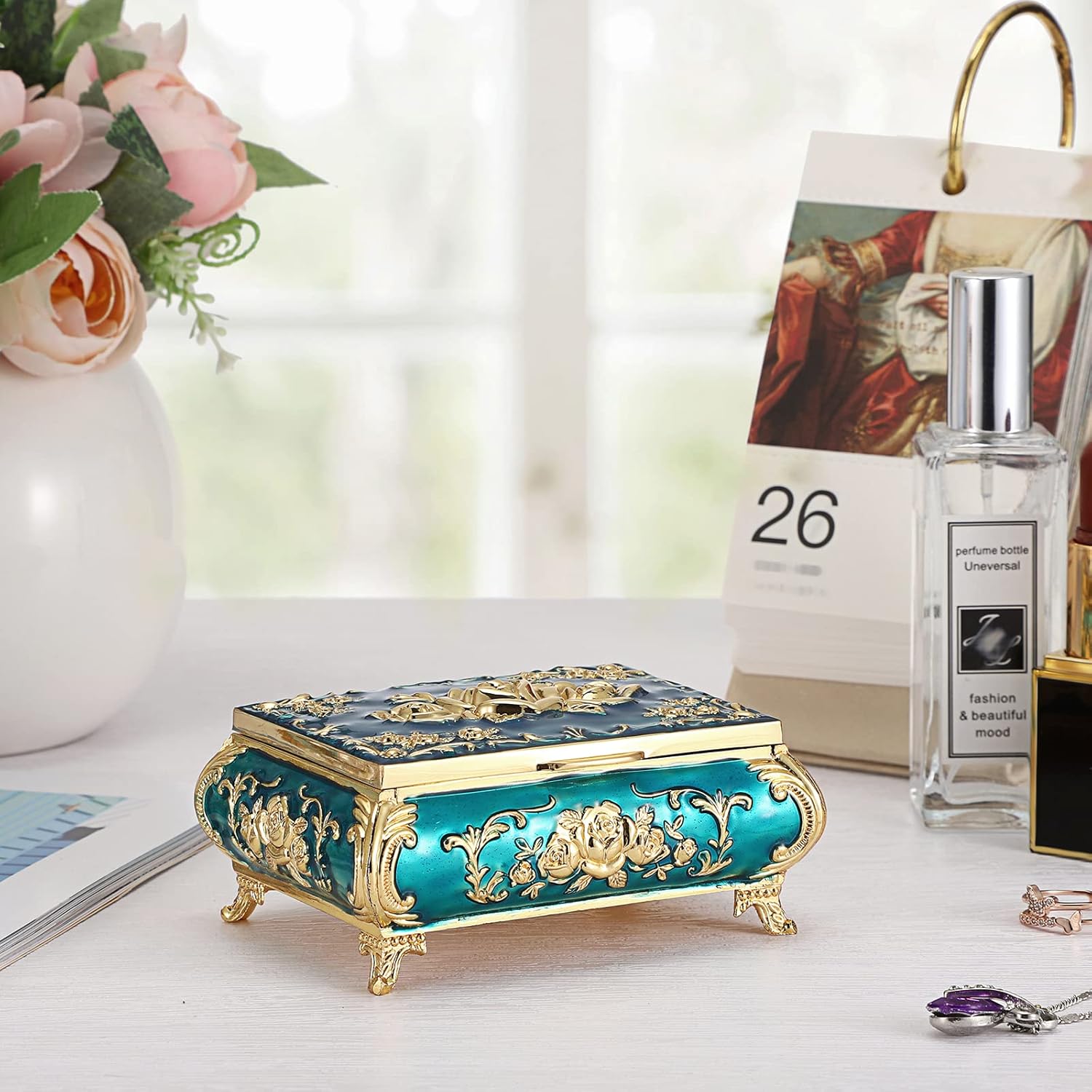 Hipiwe Vintage Metal Jewelry Box Small Treasure Chest Case Trinket Organizer Earrings Necklace Bracelet Storage Box Ring Box Holder Keepsake Box for Women - Image 7