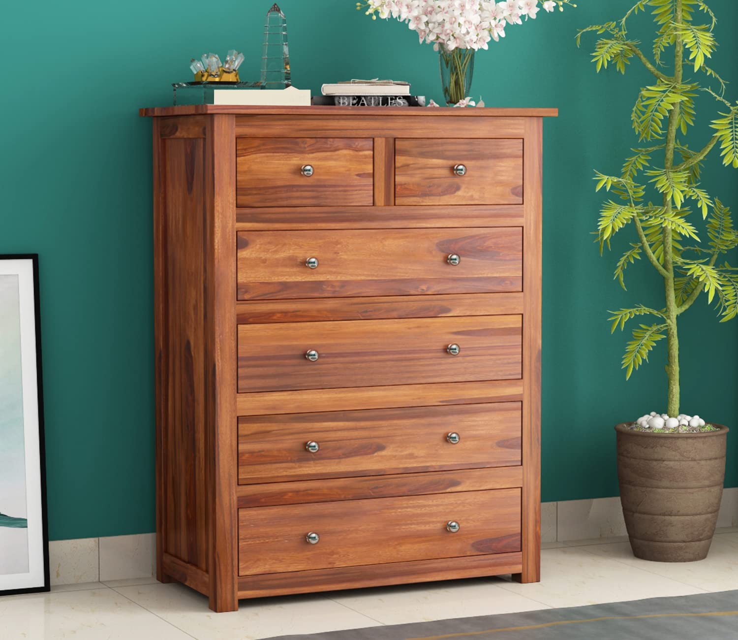 Contemporary Sheesham Wood Chest of Drawers 6 Drawer Storage Sideboard,Bedroom Hall Home Office Furniture, Kitchen Cabinet, Honey Finish