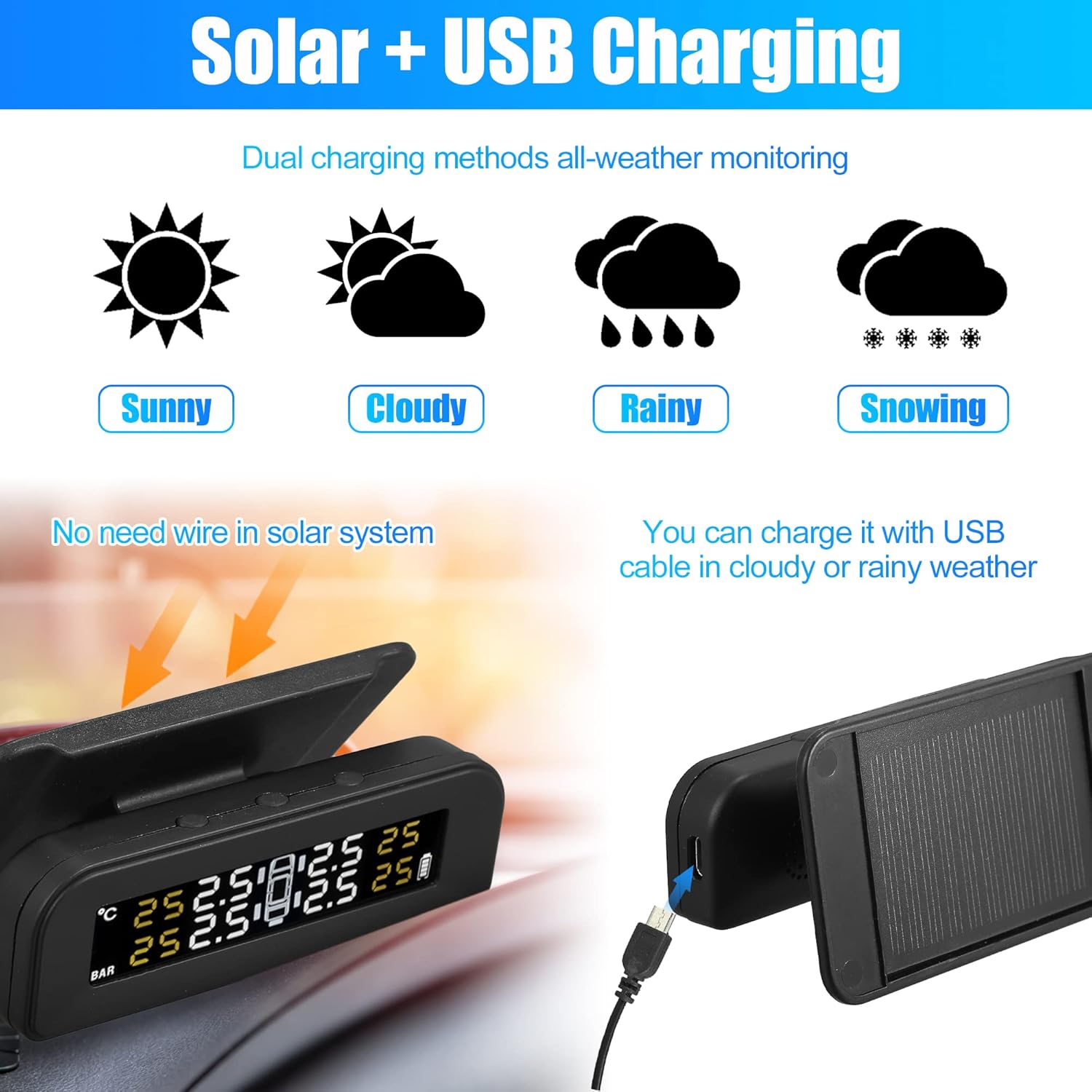X AUTOHAUX Tire Pressure Monitoring System TPMS Wireless Solar Charger Monitor on Windowshield 5 Alarm Modes with 4 External Sensors LCD Display Angle Adjustable Monitor for Car RV SUV