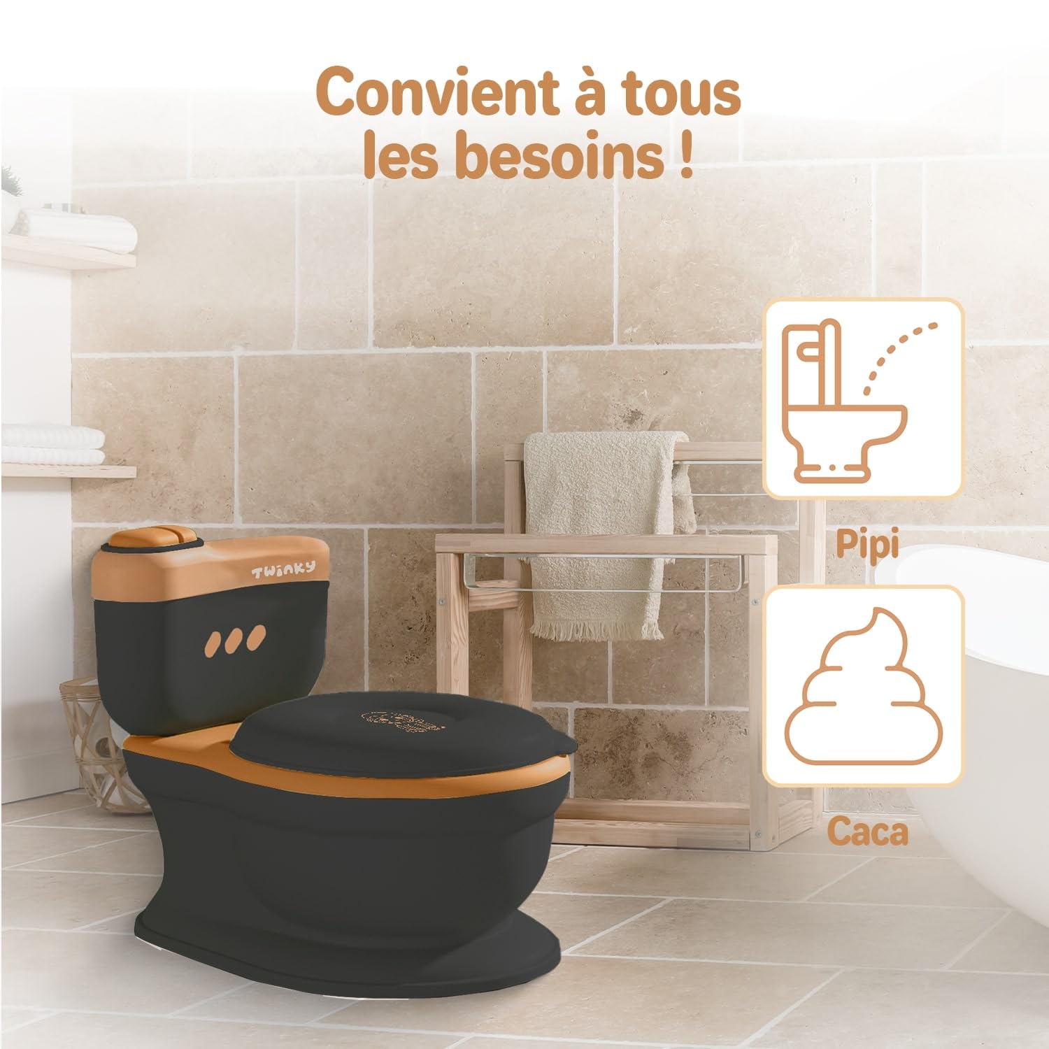 Twinky® Pot pour bébé et enfant - Potty Trainer 3 en 1 - Toilettes pour bébé - Avec son chasse d'eau - Design compact - Musique et porte-rouleau - Siège de toilette parfait pour les enfants - Noir