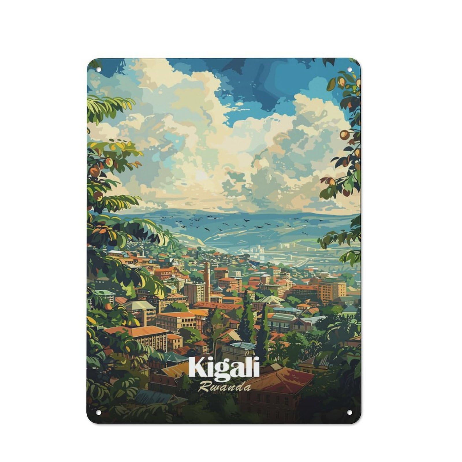 Kitchen Metal Sign with Kigali, Rwanda Cityscape Art Design 40x30cm, Cosy Kitchen Wall Decor for Bakery, Diner, Cafe Or Family Room