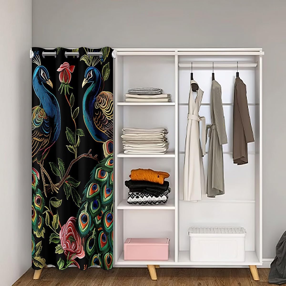 Erosebridal Peacock Blackout Curtain 59" W X 80" L, Vintage Flower Doorway Curtain, Peacock Feather Decor Door Curtain, Embroidery Chinese Style Decorative Room Divider Curtain Cover