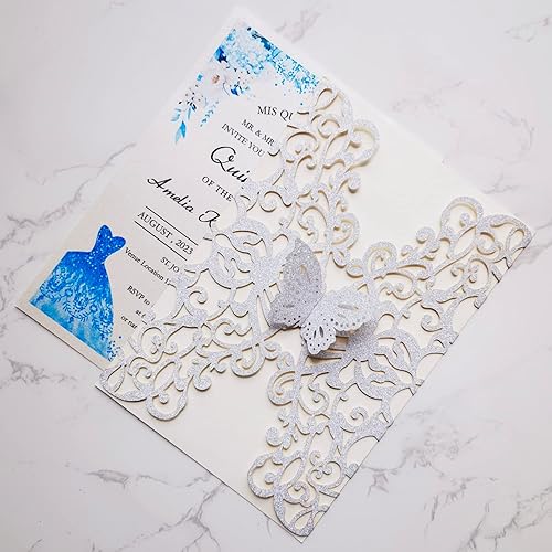 Miniatura 4 de 20 tarjetas de invitación de boda de mariposa cortadas con láser plateadas de 5 x 7.3 pulgadas con sobres para quinceañera, despedida de soltera,