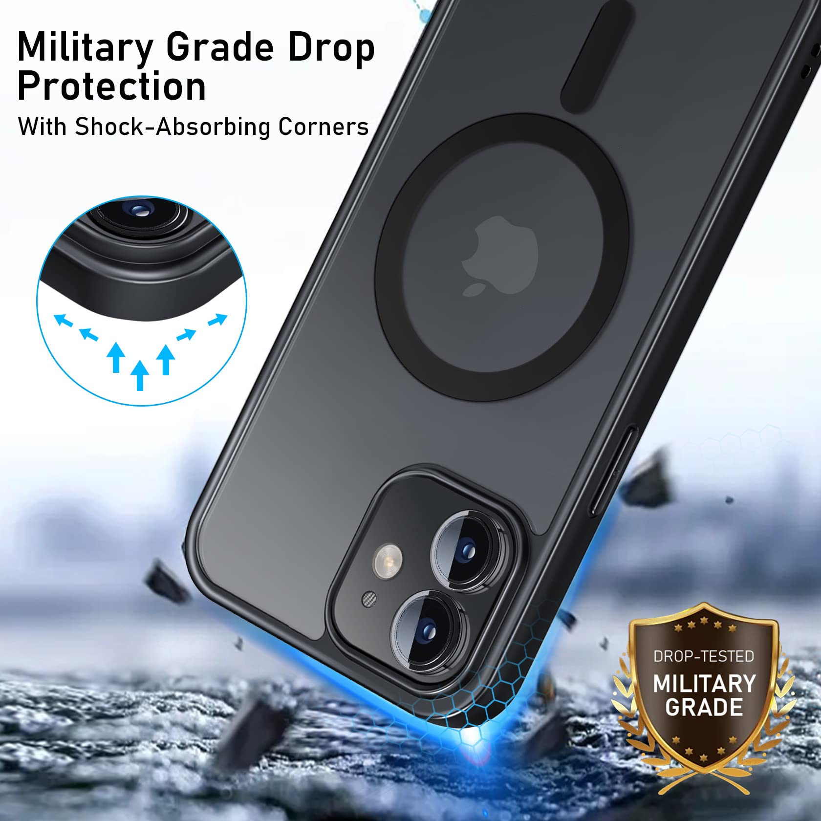 5-in-1 MagSafe Hülle Für IPhone 12 – Mit 2 Schutzfolien & 2 Kameralinsenschutz (Militärnorm, Schwarz)