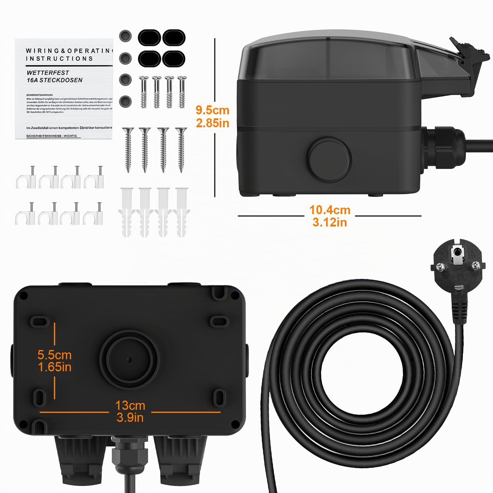 Enchufe exterior resistente al agua IP66 enchufe exterior enchufe exterior enchufe de superficie 3 m cable con interruptor 2 enchufes doble con tapa abatible resistente a la humedad resistente a la