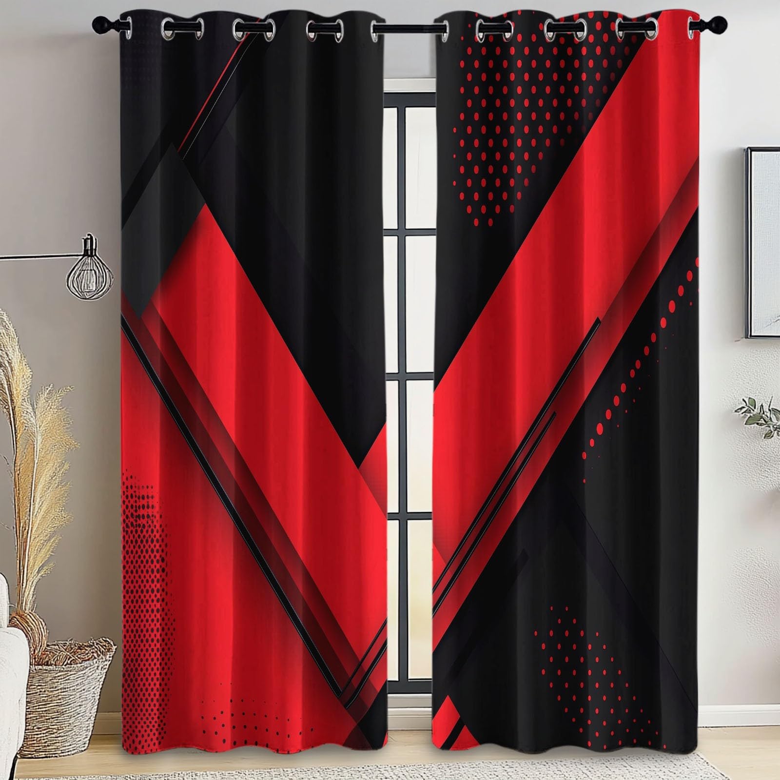 Rideaux Isolants 110L X 215H cm (2 Panneaux), Motifs Géométrie Abstraite Moderne, Tenture Opaque Gris Clair pour Grande Chambre Rouge Noir