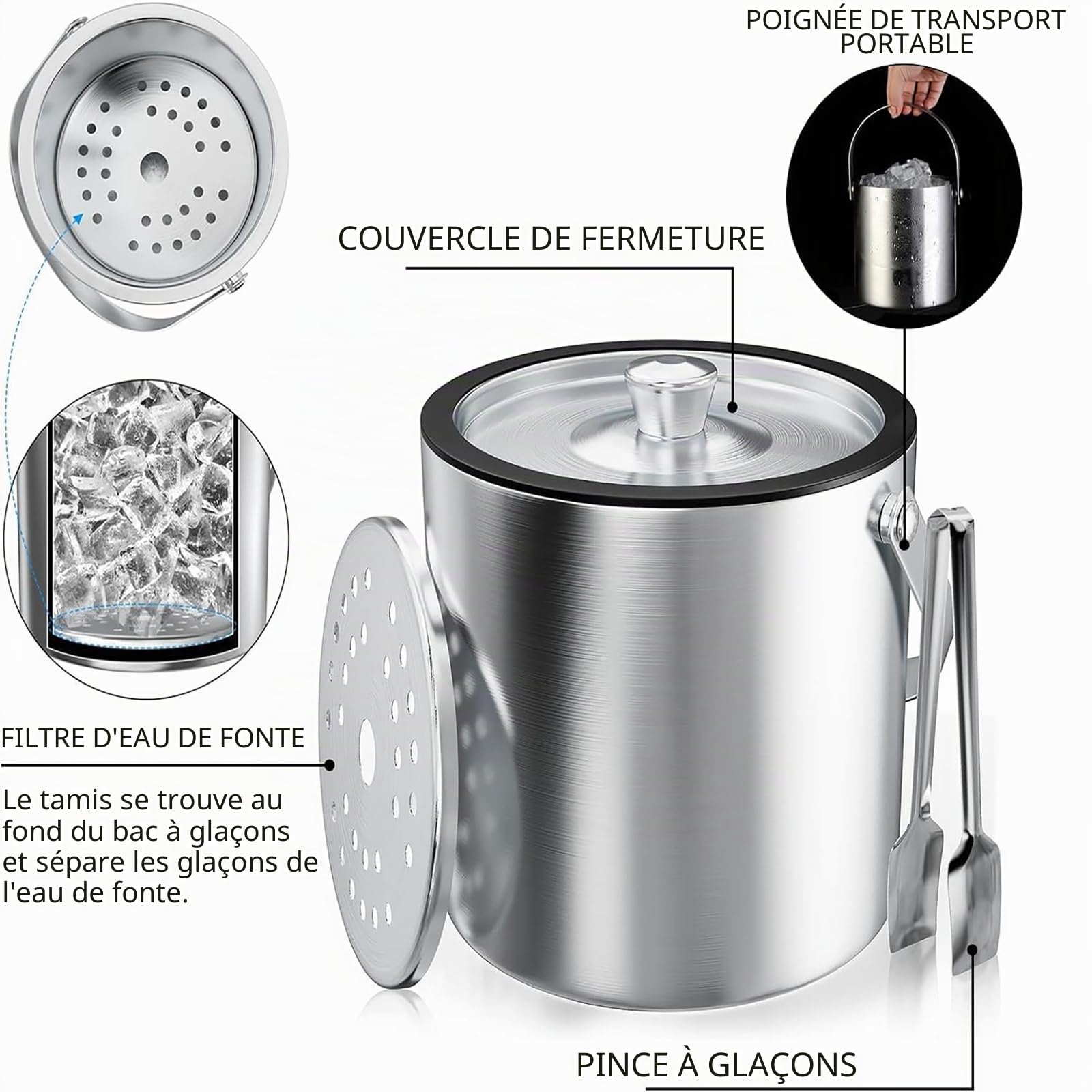 Bac à glaçons rond avec tamis et pince à glace, bac à glaçons de 2 l, seau à glace en acier inoxydable, seau à glace avec pelle, refroidisseur à glaçons pour bar, pour refroidir la bière, le champagne