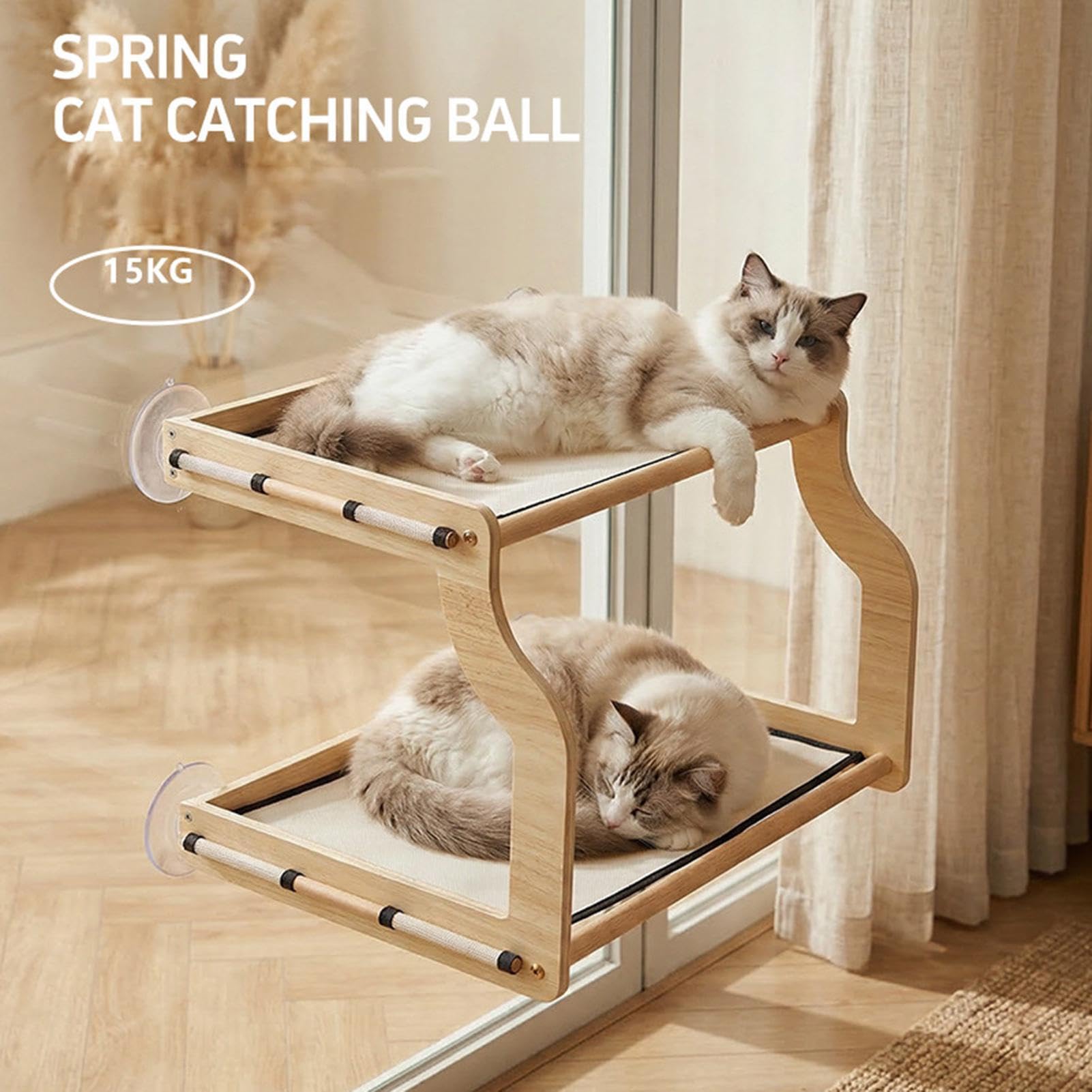 Hamaca Para Gato De Ventana Percha de Madera con Ventosas para Mascotas | Asiento de Ventana Interior para Gato Pequeño para Interior Alféizar Ventana junto Cama Pequeño Mediano Grande y