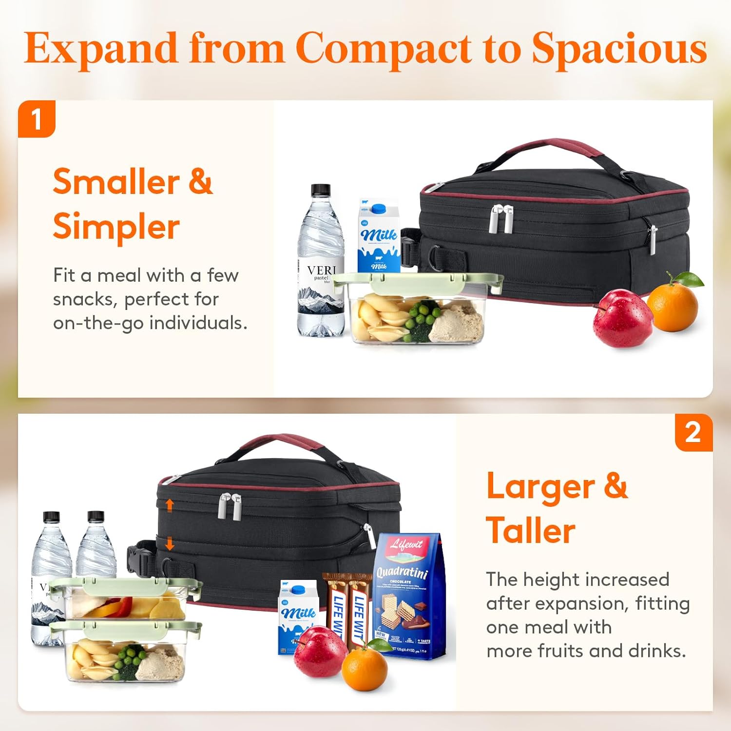 Lifewit Insulated Lunch Box for Men, Expandable Cooler Bag, Freezable Lunch Bag for Women with 2 Ice Packs and Shoulder Straps for Work Travel College, 8.2L Black and Red - Image 5