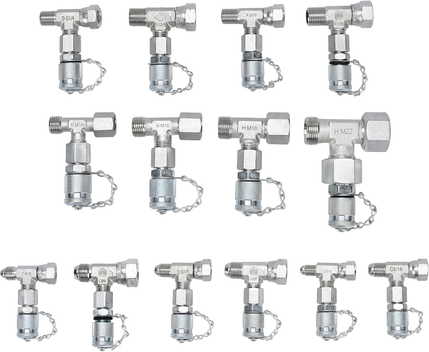 14Pcs Tee Fittings Connector Set - Hydraulic Fitting Tee Kit Include JIC37 and JIS30 Test Fittings, for Excavators and Construction Machinery Hydraulic Systems