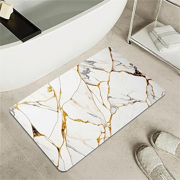 Bath Mat Rug,White Marble with Golden Non Slip Quick Dry Super Absorbent Thin Bathroom Rugs Fit Under Door-Easy to Clean Bathroom Floor Mats-Shower Rug for Shower Sink Bathtub20" x 31"in