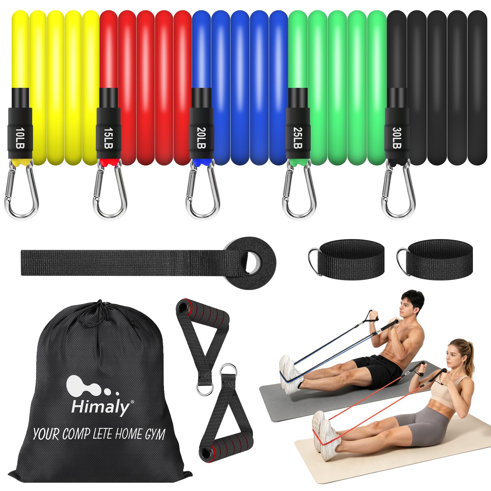 Himaly Resistance Bands Set with various colored bands, handles, and ankle straps