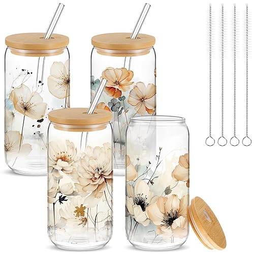 Chinoiserie Flower Glass Cup Tumbler Iced Coffee Mugs 16oz Set
