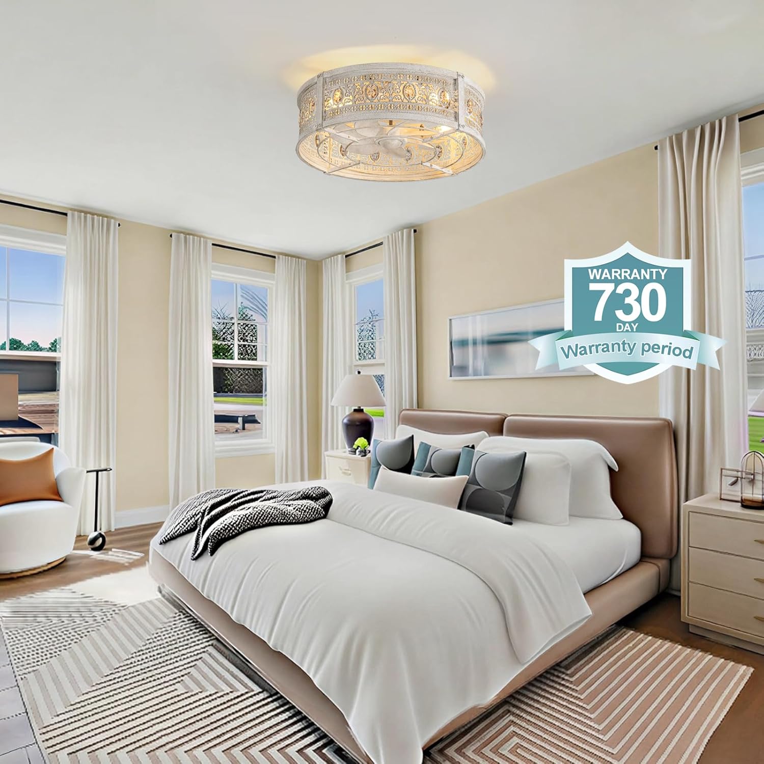 Caged Ceiling Fan with Lights and Remote Control, Low Profile Enclosed Small Ceiling Fan Flush Mount,Country Distressed Vintage Victorian Crystal Fandelier for Bedroom,Dining Room(6 Speed, Timing)