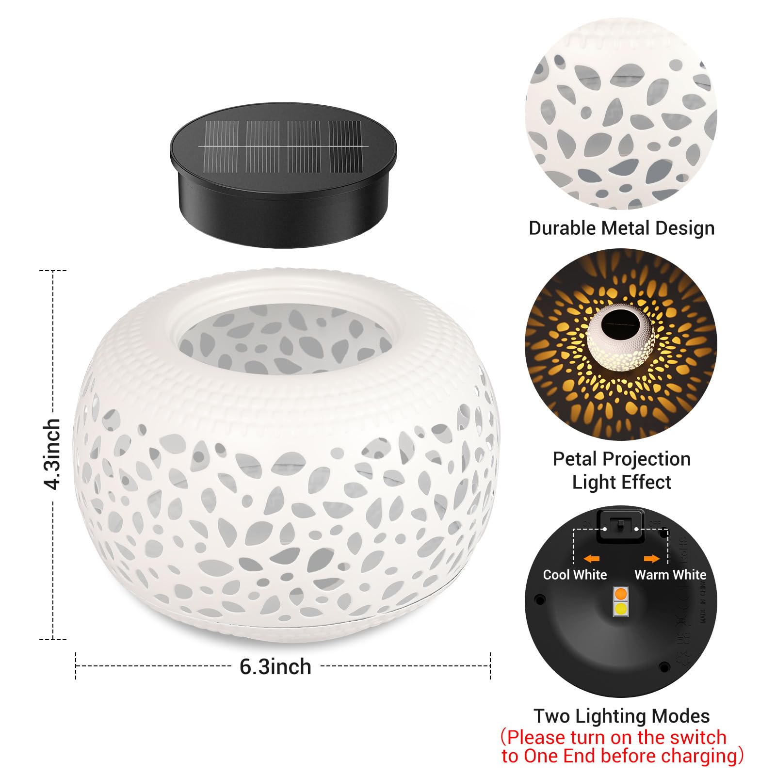 Faroles solares impermeables para exteriores: paquete de 2 luces de mesa de metal huecas blancas, exteriores, jardín, balcón, decoración de mesa interior, regalos de jardinería únicos para