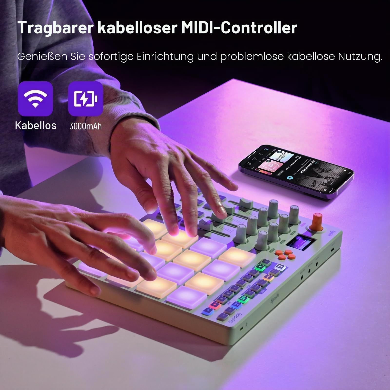 Synido Wireless MIDI Pad Controller, USB Wiederaufladbare Beat Maker Maschine für Musikproduktion Professional mit 16 RGB Beat Pad, OLED Bildschirm, 16 Step Sequencer, MIDI In/Out/Thru