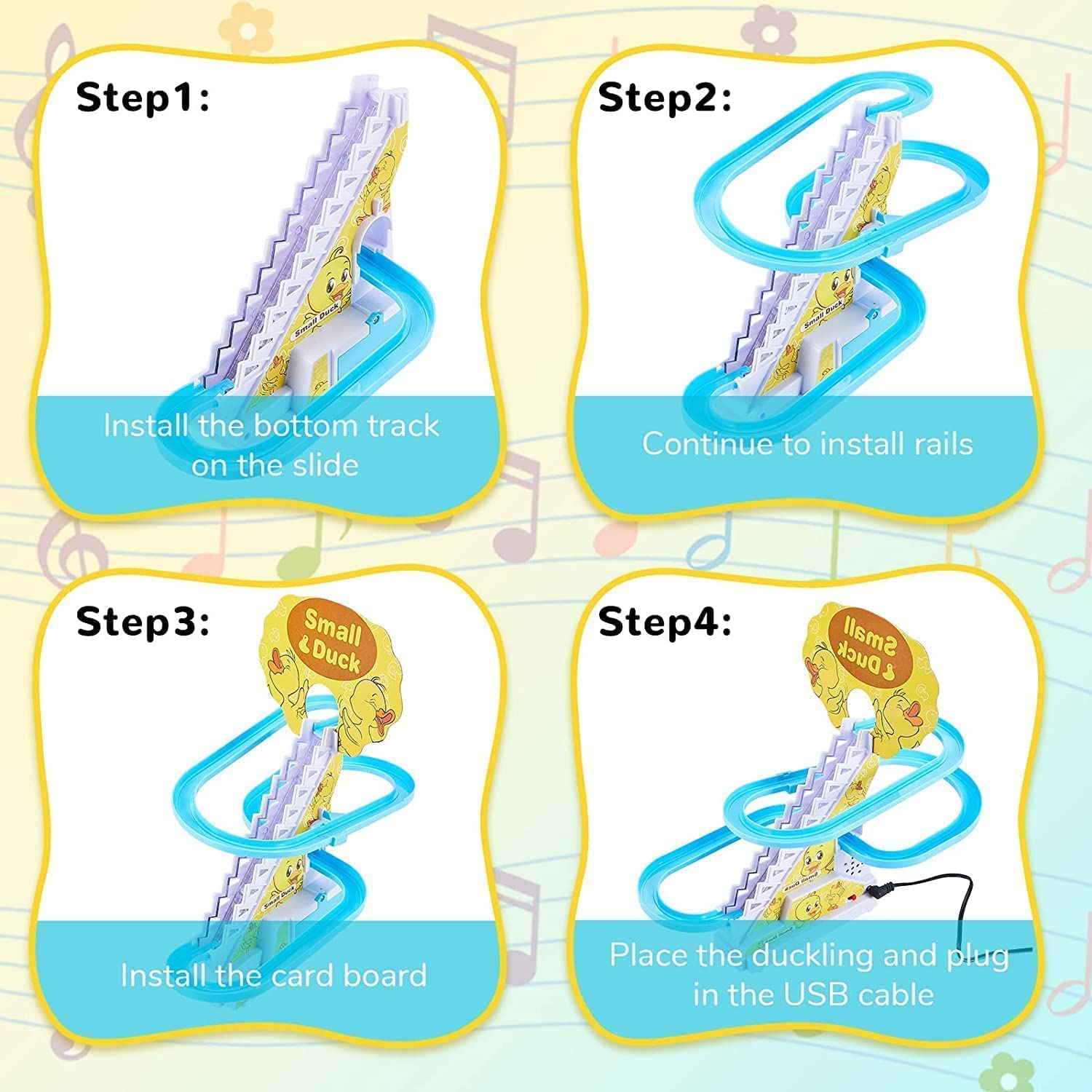 SKUVIZ Duck Slide Toy Set, Funny Automatic Stair-Climbing Ducklings Cartoon Race Track Set Little Lovely Duck Slide Toy Escalator Toy with Lights and Music 1