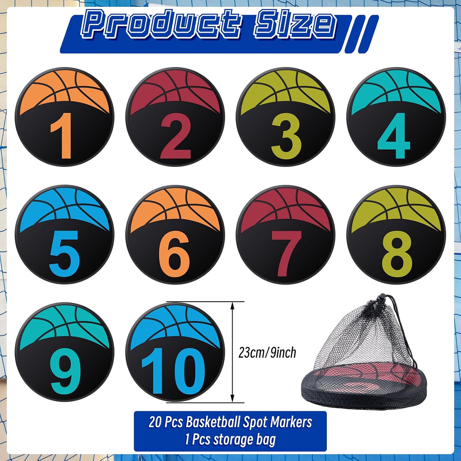 Qilery 20 Pcs Basketball Training 9 Inch Spots, Anti-Slip Basketball Court Marking Kit, Colorful Markers Floor Spots with a Carrying Bag for Adult Team Sports Teaching and Training Field