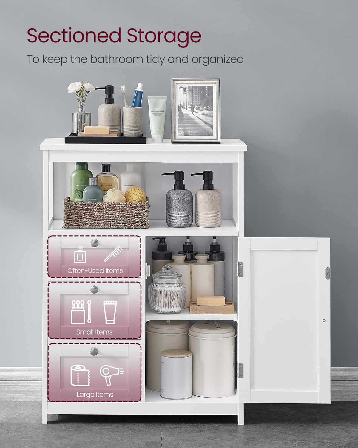 VASAGLE Bathroom Floor Storage Cabinet, Bathroom Storage Unit with 3 Drawers, Bathroom Cabinet Freestanding, White UBBC542P31V1 - Image 4