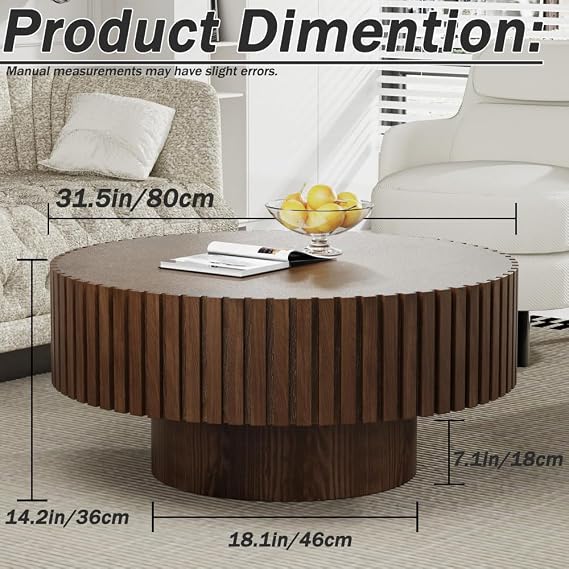 Modern Round Coffee Table with Sturdy Base Round Coffee Table with Handcrafted Solid Wood Fluted Circle Center Table Accent Tea Table for Living Room Apartment Small Space (Brown)