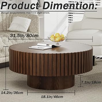 Modern Round Coffee Table with Sturdy Base Round Coffee Table with Handcrafted Solid Wood Fluted Circle Center Table Accent Tea Table for Living Room Apartment Small Space (Brown)