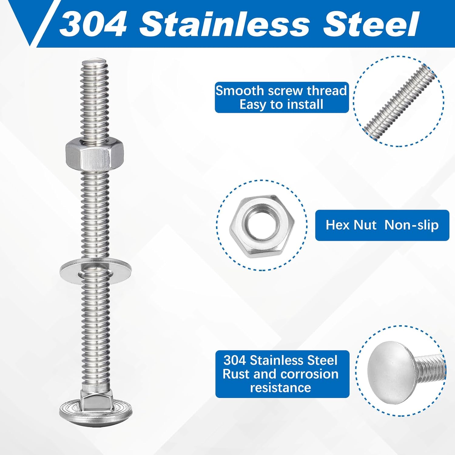 Zonon 50 Sets 1/4-20 x 3 Stainless Steel Carriage Bolts and Nuts Kit Round Head Square Neck Carriage Bolts Screws and Hex Nuts and Flat Washers, Stainless 18-8 Full Thread Coverage (Silver)