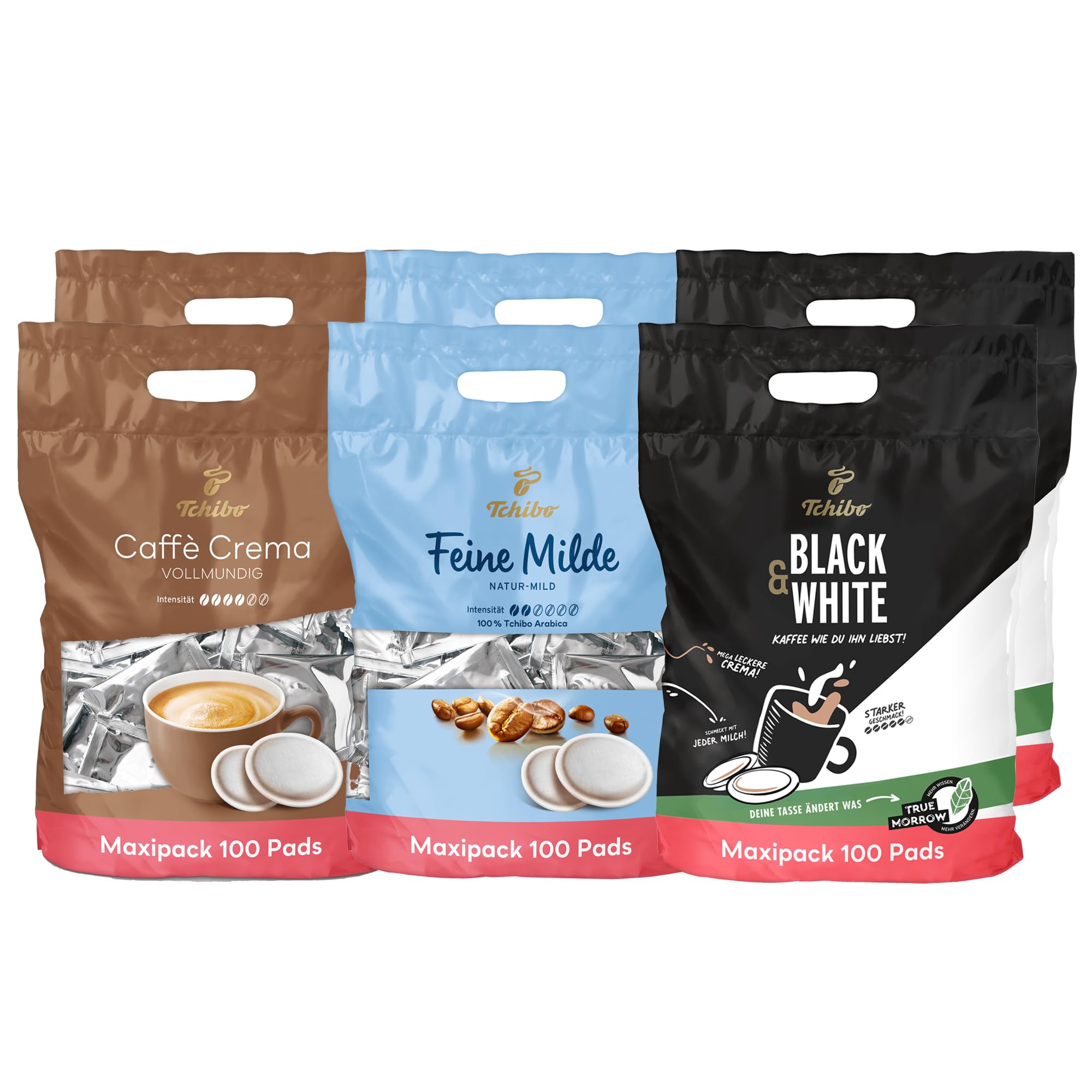 Tchibo Kaffeepads Probierset Vorratspack Maxipack, Feine Milde (2x), Caffè Crema vollmundig (2x) & BLACK&WHITE (2x), 600 Stück - 6x 100 Pads, nachhaltig, geeignet für Senseo Maschinen
