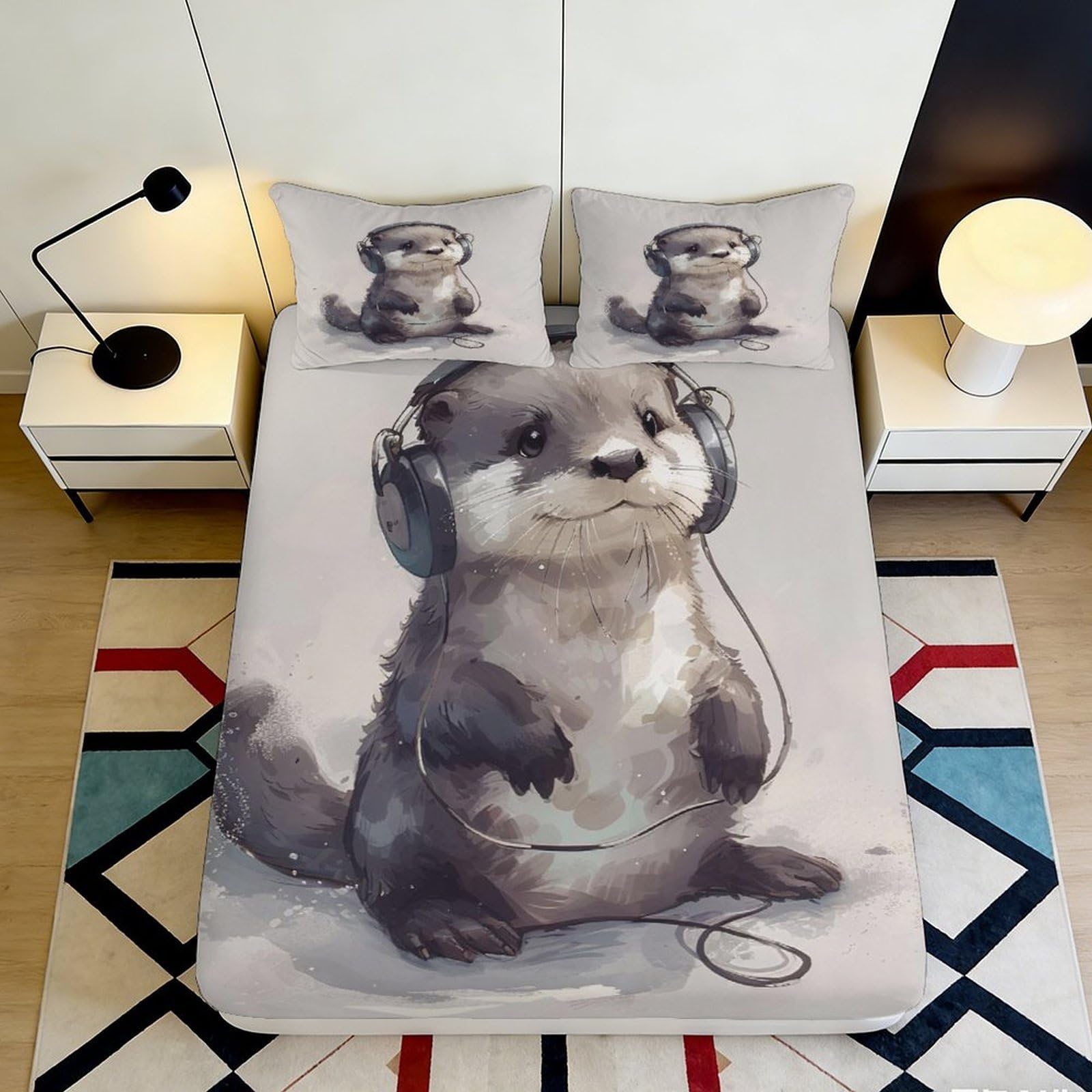 3D Printed Cute Otter Fitted Sheet Microfiber Soft Durable Playful Otter Mattress Cover for Bedroom Dormitory Guest Room Mattress Protection 140x200x25cm