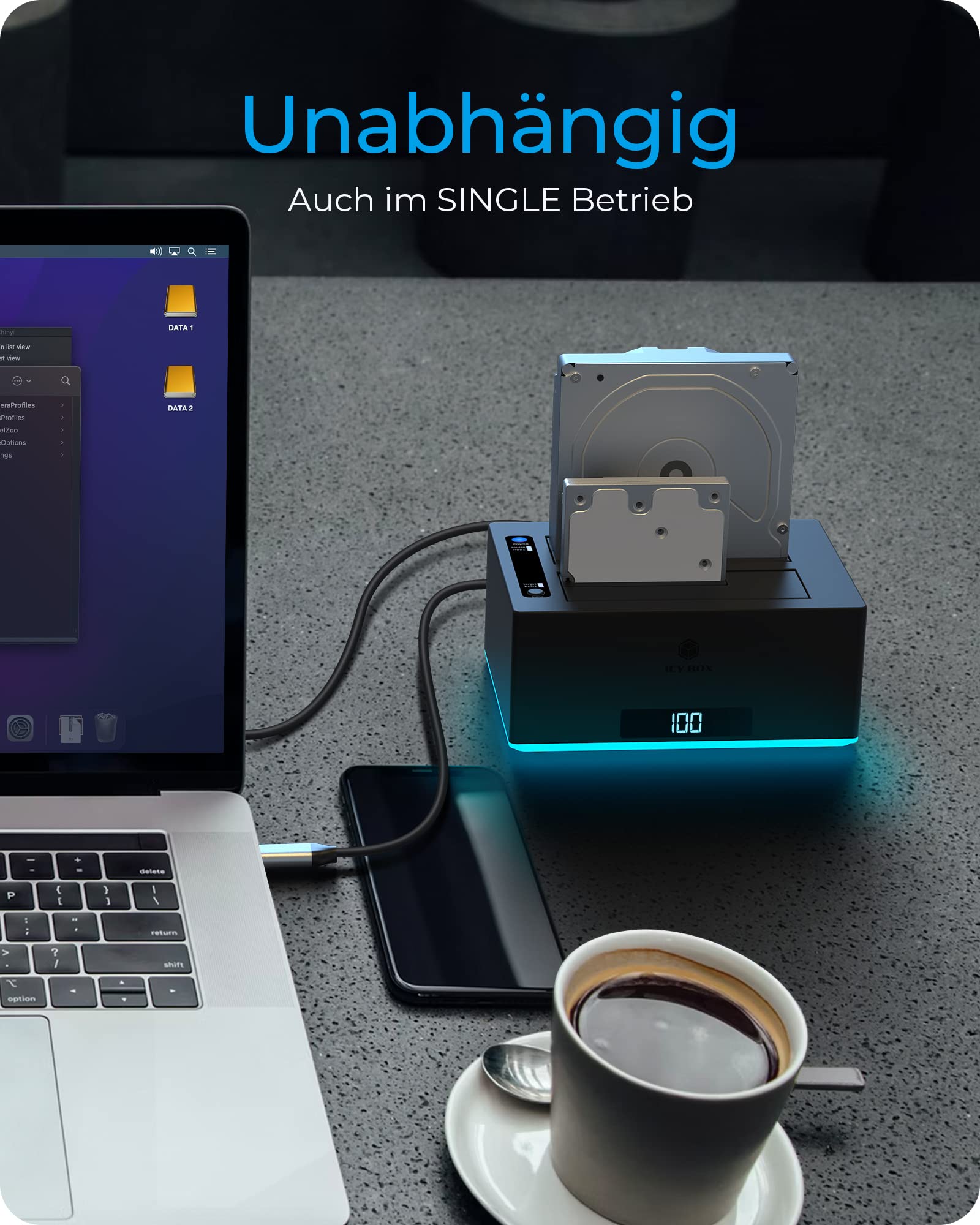ICY Box USB 3.0 2-Fach Festplatten Docking Station für 2,5" und 3,5" SATA HDD/SSD, RGB, Offline-Klonfunktion, USB-C & USB-A, UASP, IB-127CL-U3