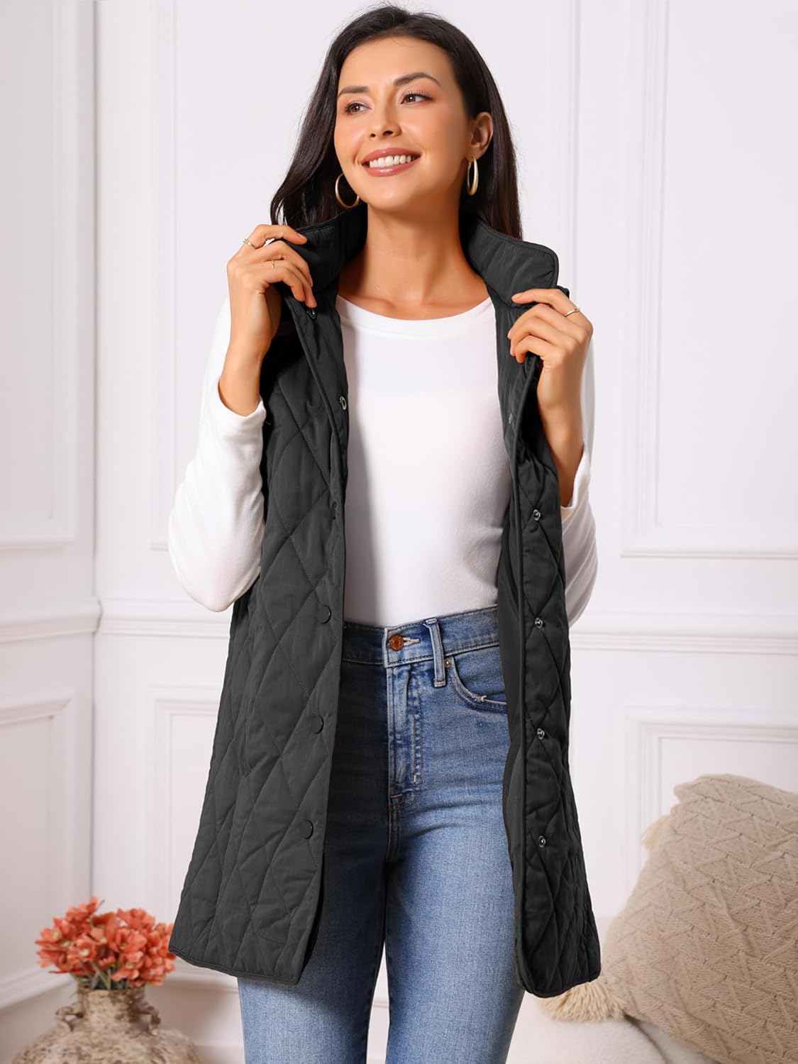 Seta T Women's Long Puffer Vest Stand Collar Sleeveless Puffy Jackets Lightweight Gilet Quilted Warm Coat - Image 5