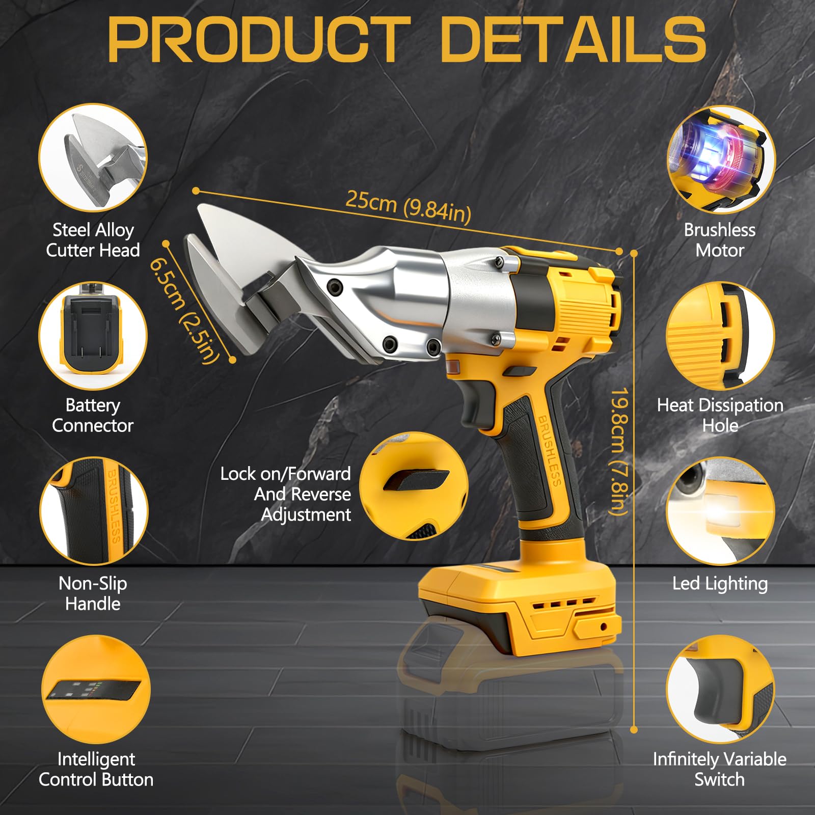 Roadtime 1000W Inalámbricas Tijeras Eléctricas para Metal Compatible con DeWalt 20V, Cabezal Giratorio 360°, Corte 3mm