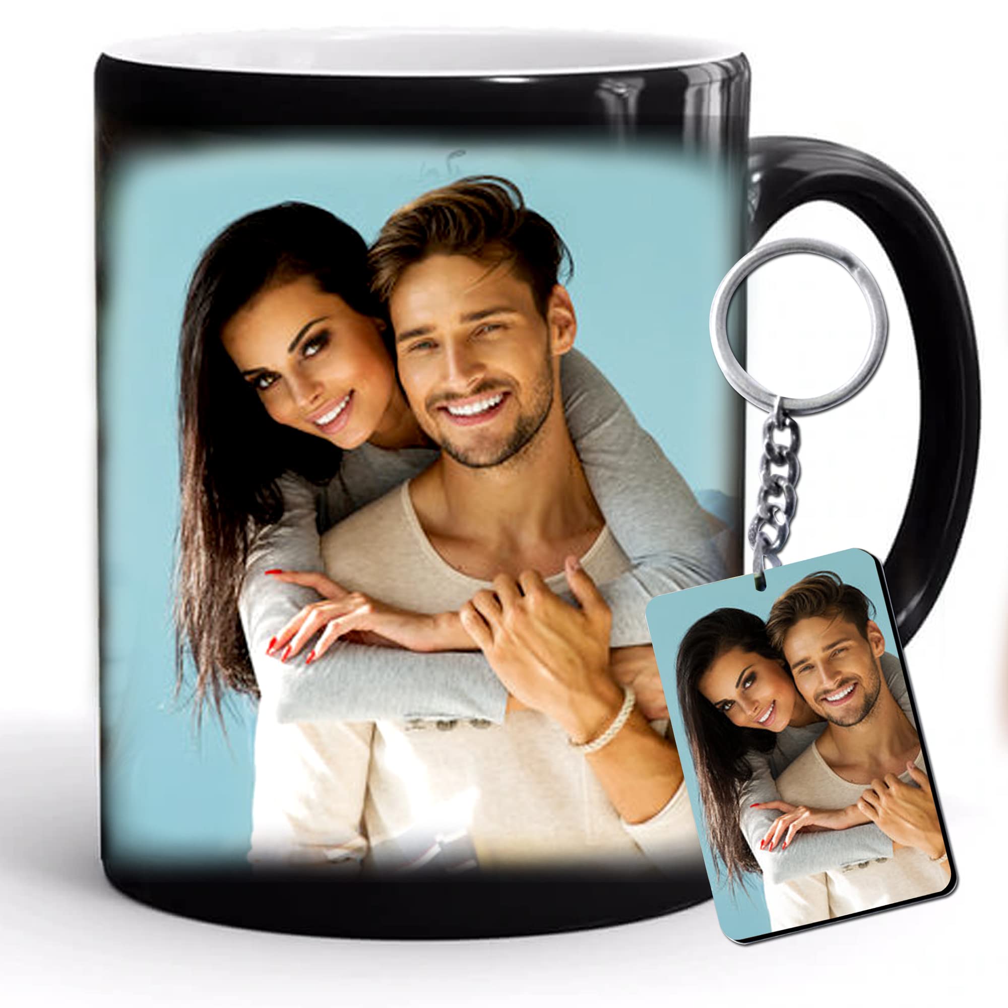 - Customised/Personalized Mug with Photo Magic Mug Ceramic White/Black Coffee Mugs 325 ML Gifts for Birthday, Anniversary, Brother, Sister with Free Wooden Keychain/Keyring (Black)