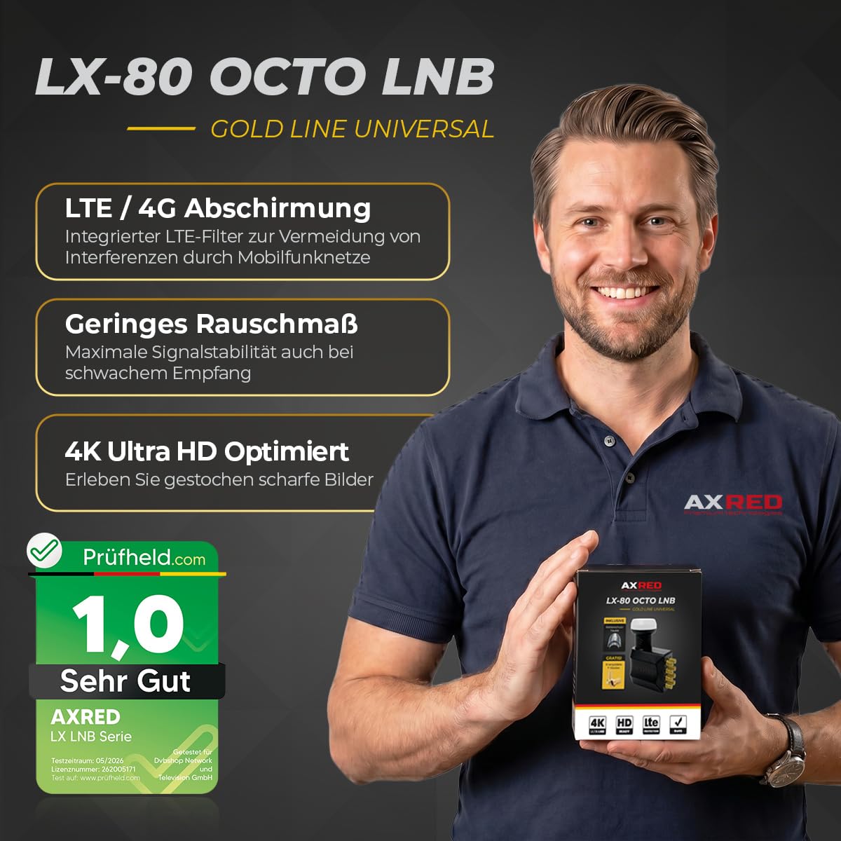 [ Test SEHR GUT, Note 1.0 *] AXRED Octo LNB + Wetterkappe + 8X F-Stecker, Digital 8Fach 4K HD LMB für 8 Teilnehmer mit Wetterschutz Abdeckung, für Fernseher Sat Receiver Satellitenschüssel