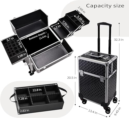 Miniatura 7 de Estuche de tren de maquillaje rodante Estuche cosmético sobre ruedas Estuche de maquillaje con rueda, Negro -
