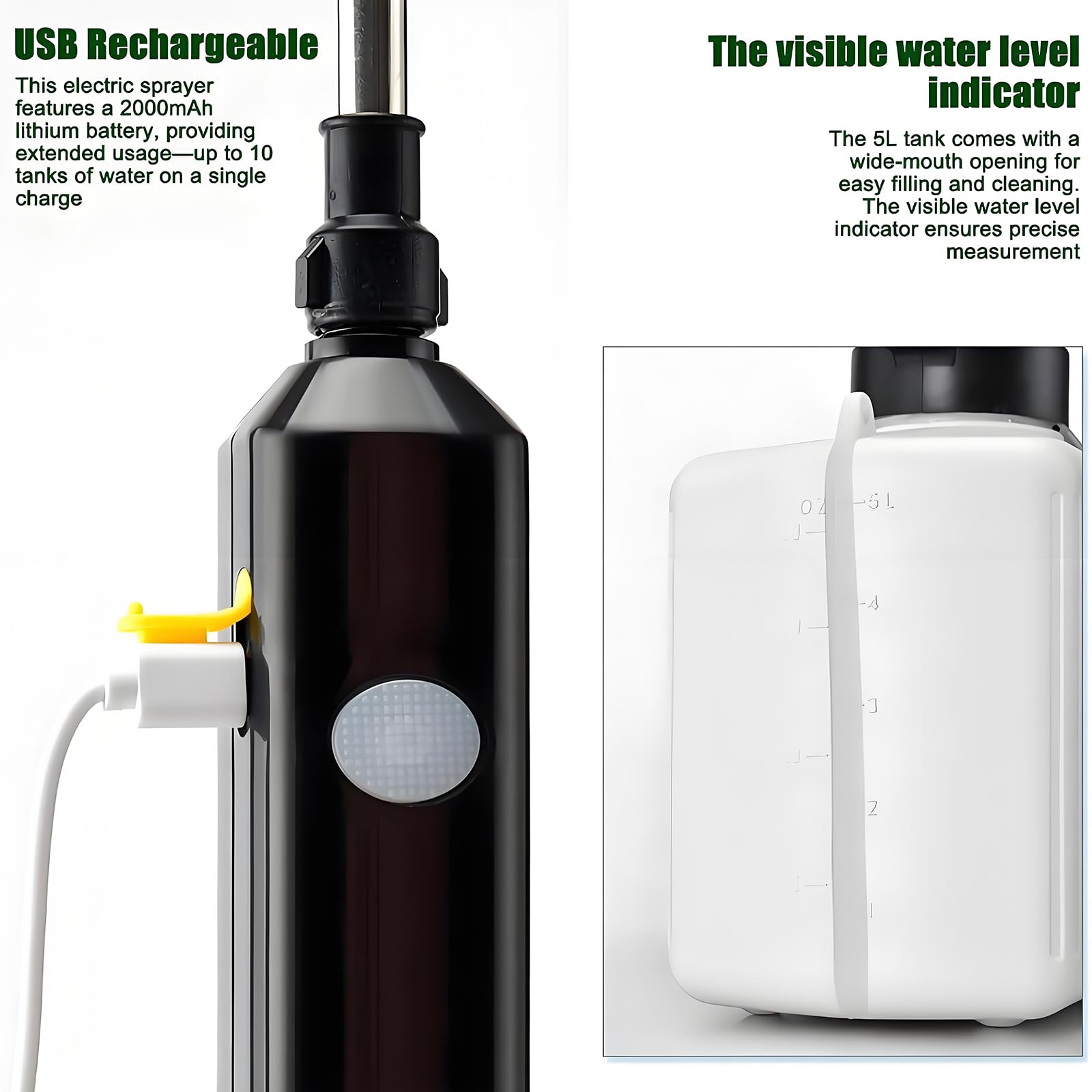 Spruzzatore da giardino alimentato a batteria, pompa a pressione portatile ricaricabile da 5 litri con 3 ugelli e asta estensibile per innaffiare piante e pulizia