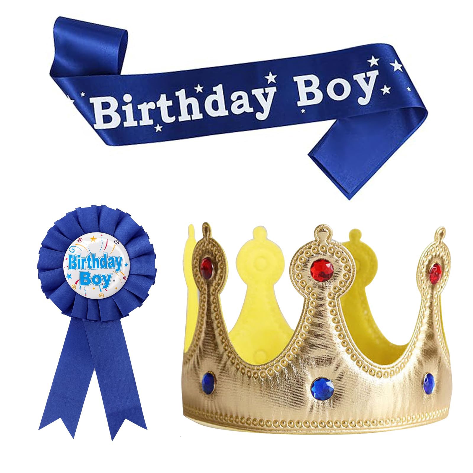 Birthday Boy Hat Crown Set, Birthday Party Dress-Up Accessory Supplies, Theme Party Decorations for Boys, Blue and Yellow Satin Sash with Metal Badge-image-24