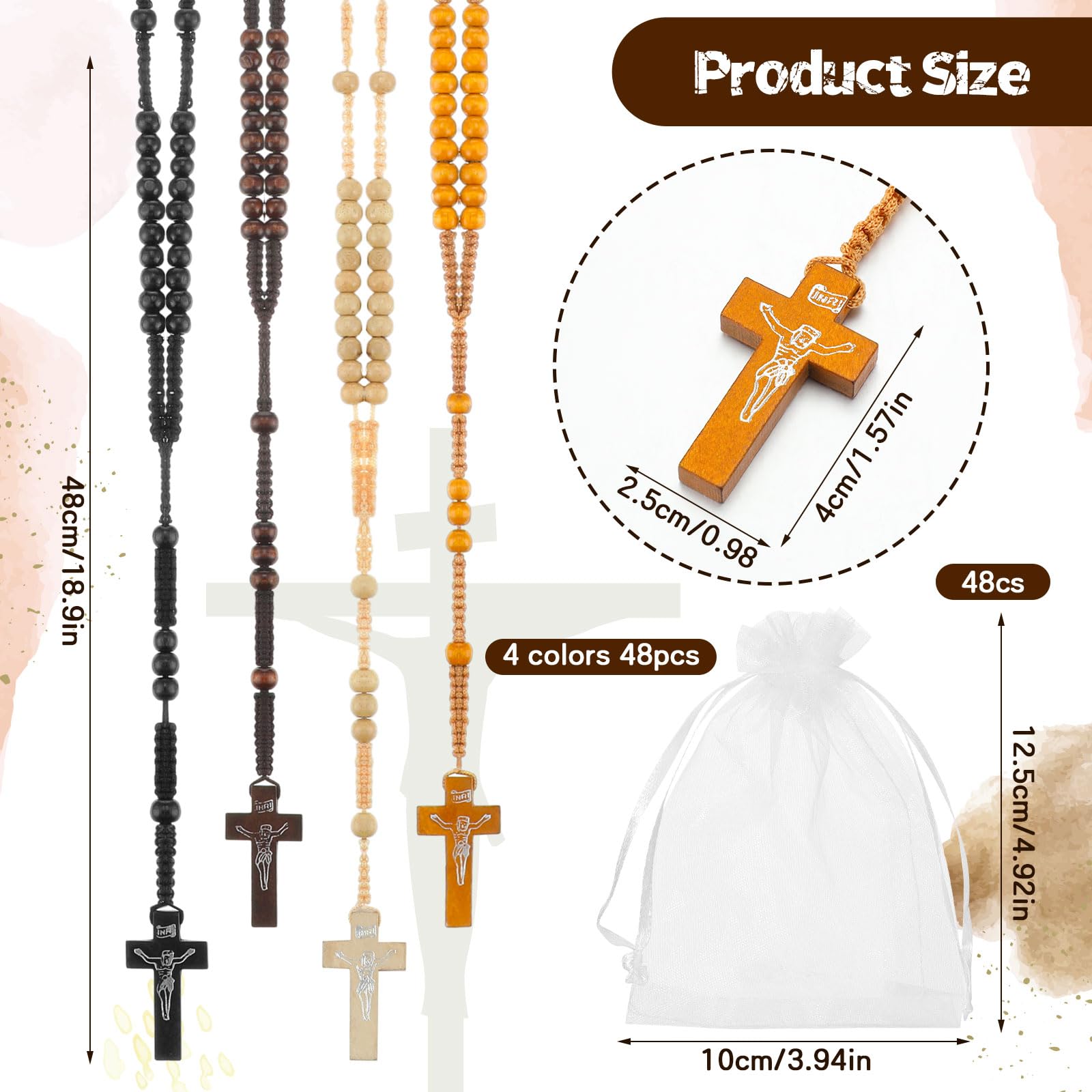 Tenceur 48 Pcs Wooden Rosary Bead Necklace Wood Catholic Carved Beads with Jesus Cross First Communion Rosary Bulk with Organza Bags Baptism Favors Catholic Gift for Men Women(Multicolor)