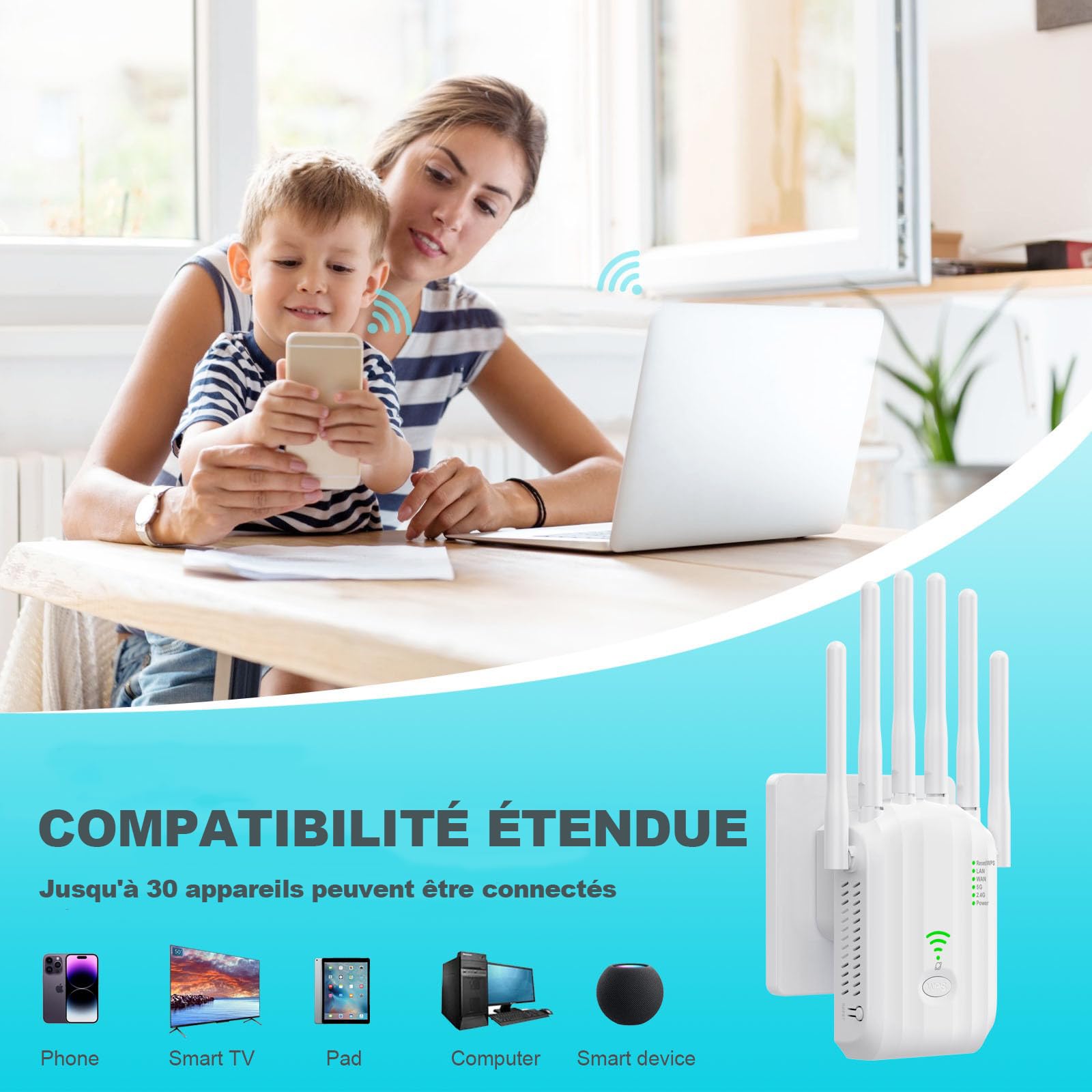 Repeteur WiFi Puissant, Amplificateur WiFi, Répéteur WiFi avec 6 Antennes, 2 Ports LAN, Répéteur/Routeur/AP Mode, Couverture Jusqu'à 300 m², Couverture Complète à 360°, pour la Maison et Le Bureau