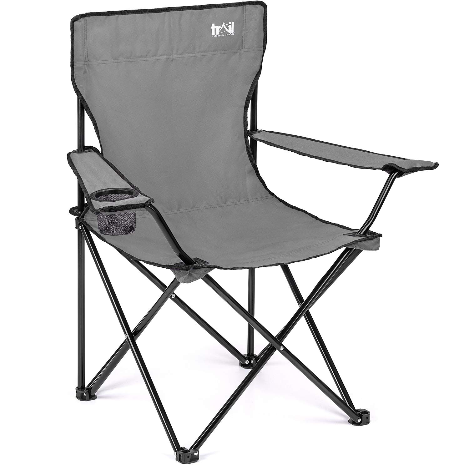 Trail Folding Camping Chair, Lightweight Outdoor Chair with Cup Holder Armrest, Heavy Duty Tubular Steel Frame, Fast-Drying Polyester, Carry Bag, 100kg Capacity (Grey) โ image 1