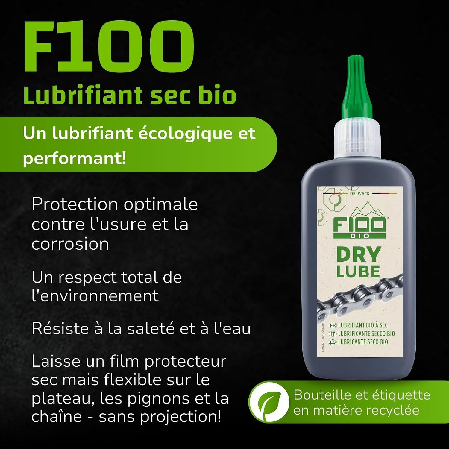 Dr. Wack - F100 Kit d'entretien Vélo Produits Bio - 5 Produits inclus - Nettoyant Vélo + Nettoyant Chaînes de Vélo + Lubrifiant + Brosse pour Chaîne + Chiffon Microfirbres - Fabriqué en Allemagne