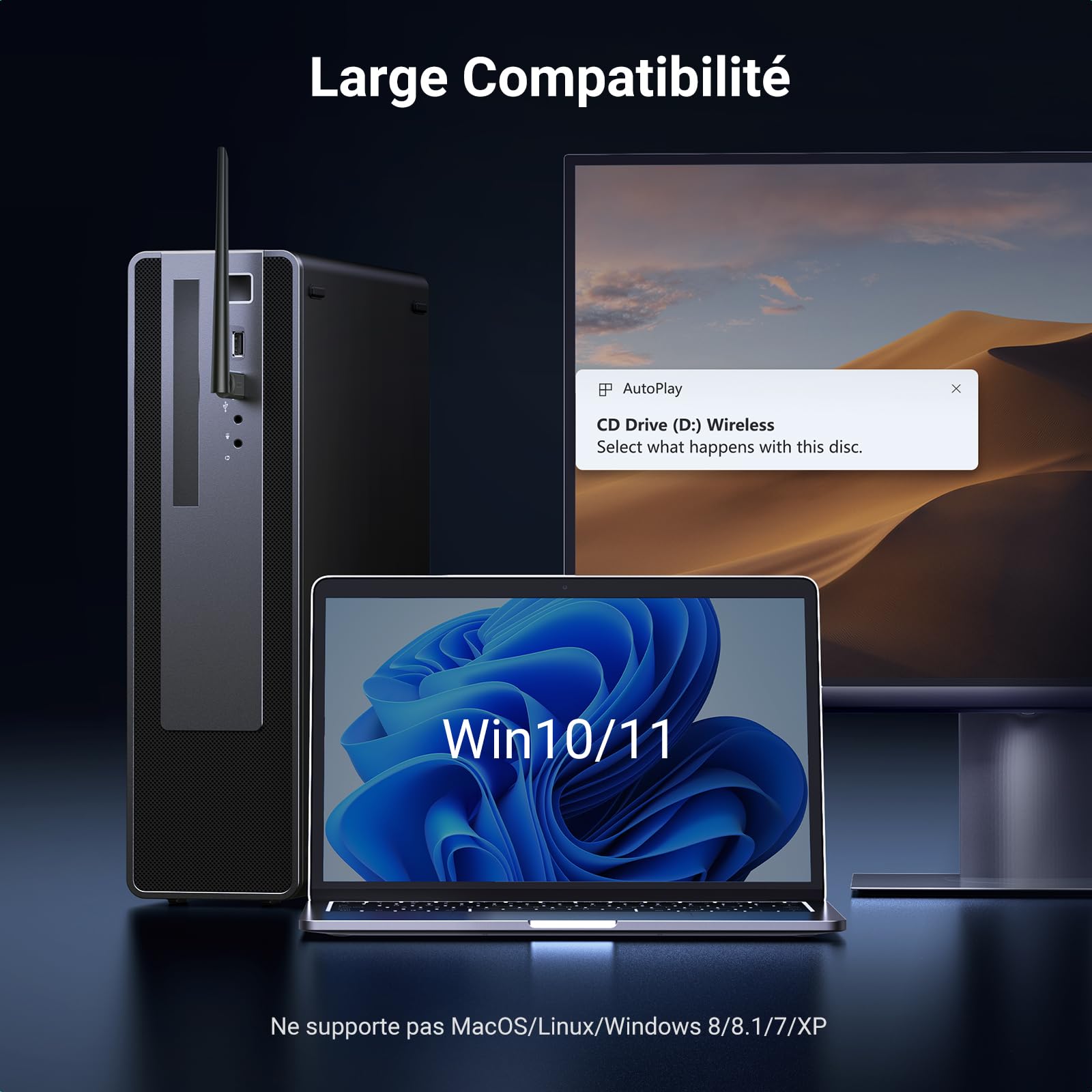 UGREEN Clé WiFi 6 AX900 Antenne à Gain Élevé 6dBi Adaptateur USB Entrée de Gamme 5GHz 2.4GHz Double Bande Station Soft AP Mode Dongle Pilote Intégré Compatible avec Windows 11 10