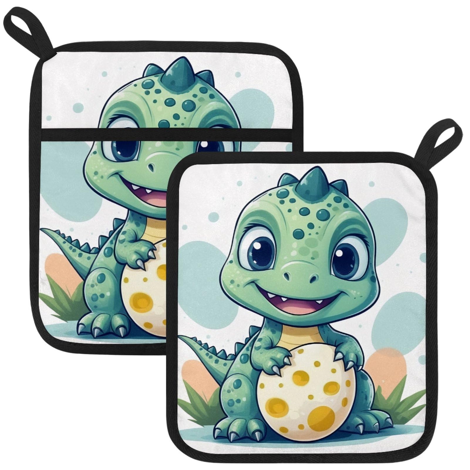 VAPOKF Cute Dinosaur Heat Resistant Pot Holders, Thick Pot Holders Pad with Hanging Loop for Kitchen, Oven Cloth Pads for Kitchen Baking Microwave Oven