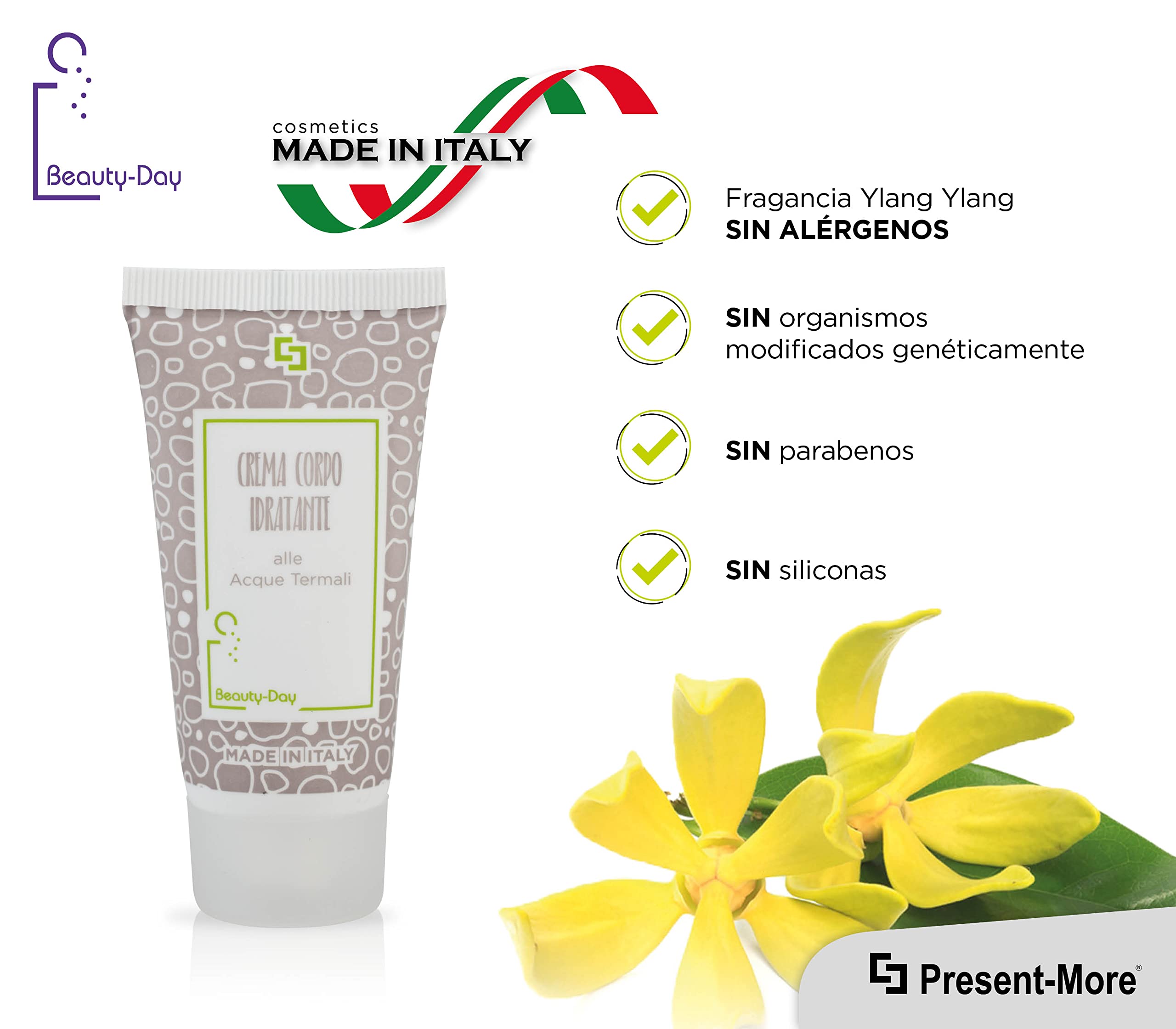 Present-More Crema corporal 30ml Beauty-Day Italy - Crema cuerpo 250 unidades para Hoteles y B&B | Crema cuerpo sin alérgenos con fragancia Ylang Ylang