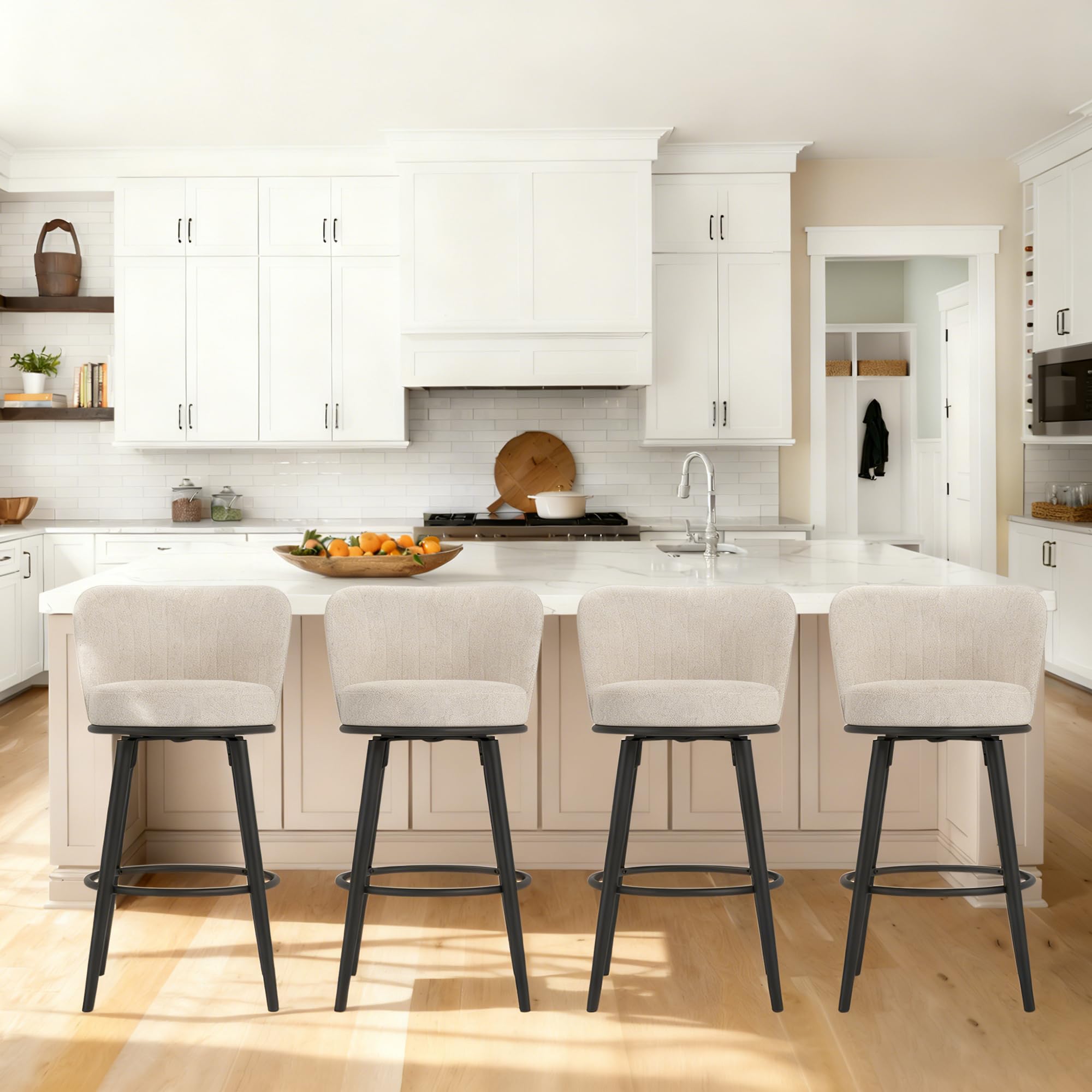 Swivel Bar Stools, 28" Counter Height Bar Stools Set of 4, Tufted Modern Design, Upholstered Barstools with Back and Footrest, Metal Legs, Suitable for Kitchen Island, Counter, Dining Room