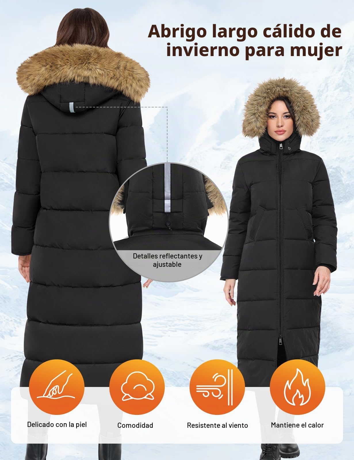 Yuson Girl Abrigos Mujer Invierno Largo Gruesa Térmico Abrigo con Capucha Invierno Elegante Chaqueta Acolchado Viento Cremallera Parka Exteriores Cazadora Plumón con Bolsillos