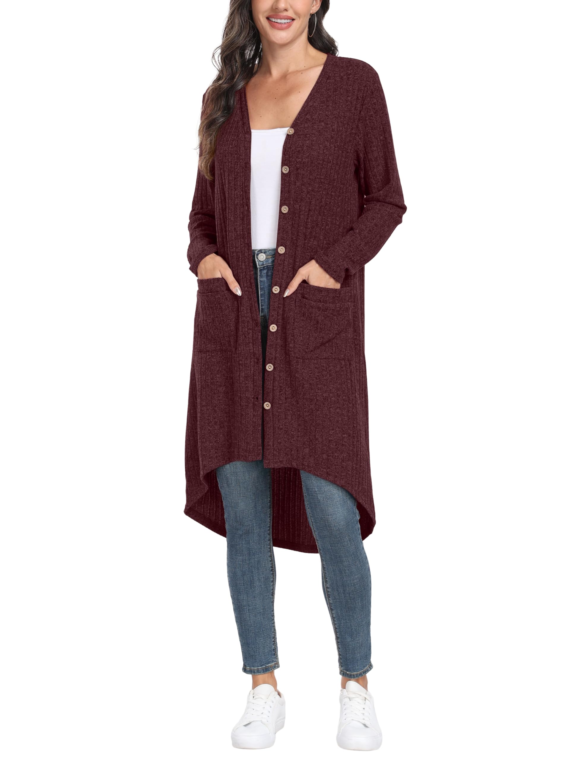 GRECERELLE Cardigan Femme Long Cardigan Élégant Fin Côté Manches Longues avec Boutons et Poches