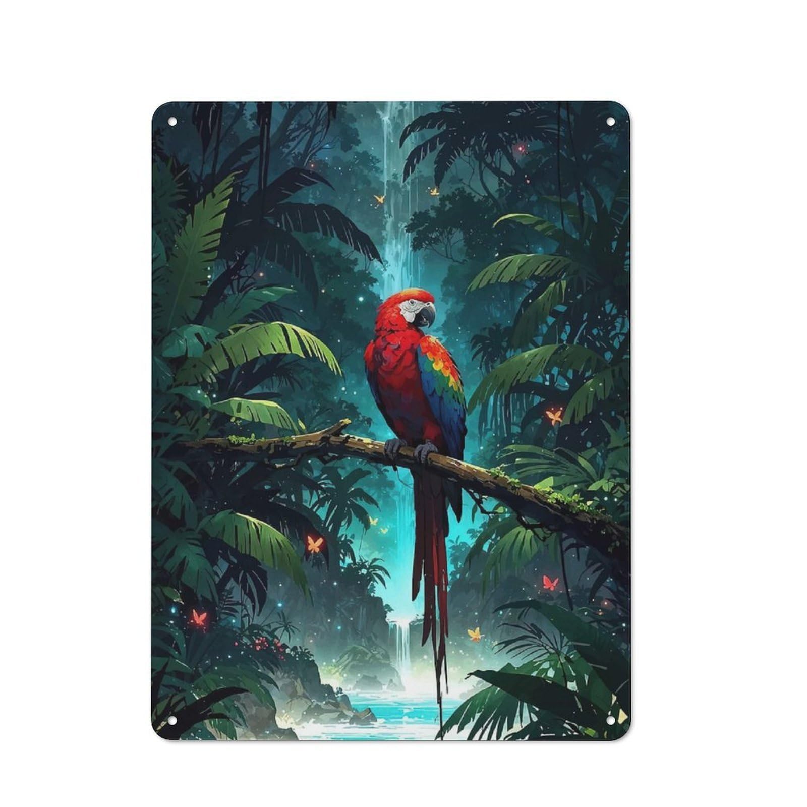 Vintage Tin Sign 40x30cm with Vibrant Parrot in Lush Jungle Scene for Hallway Wall, for Home Interiors, Feature Walls And Decorative Displays