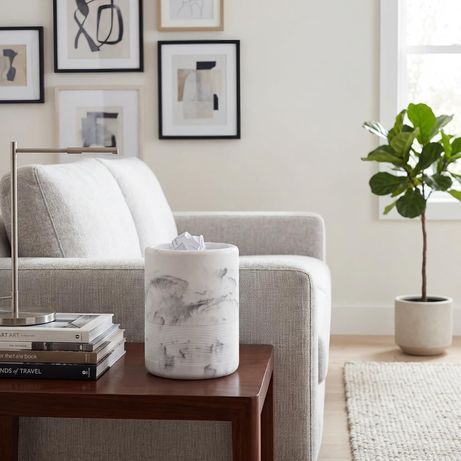 Marsui Resin Wastebasket, Round Marble Compact Trash Can Mini, 2 Gallons Garbage Bin Gravel Wastepaper Basket for Bathroom, Powder Room, Kitchen, Home Office, 7.9 x 9.8 Inch(Marble)