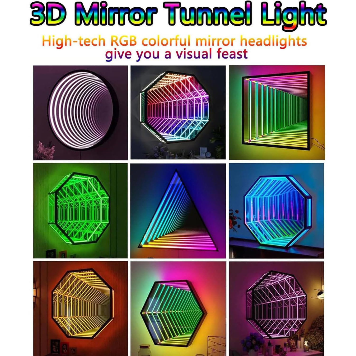 Futuristische RGB-Unendlichkeitsspiegel-Wandleuchte, 3D-Tunnel-LED-Lampe mit mehrfarbigem Verlauf, ideal für Gamer-Zimmer, Bar, KTV, Party-Hintergrunddekoration A50cm